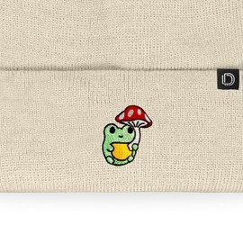 DALIX Mushroom Frog Embroidered Beanie Hat Cotton Cute Winter Fall Cap Womens in Beige