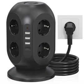 Steckdosenwürfel mit USB, 8 Fach Steckdosenleiste mit USB C, Mehrfachsteckdose mit Schalter, Steckdosenturm mit 2m Kabel, Steckerleiste Überspannungsschutz für Haus und Büro, Schwarz