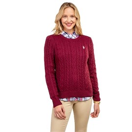 U.S. Polo Assn. Women's Cable Crew Neck Sweater - Soft Knit, Embroidered Pony Logo, Ribbed Trims, Casual Cozy Pullover - Maroon Banner