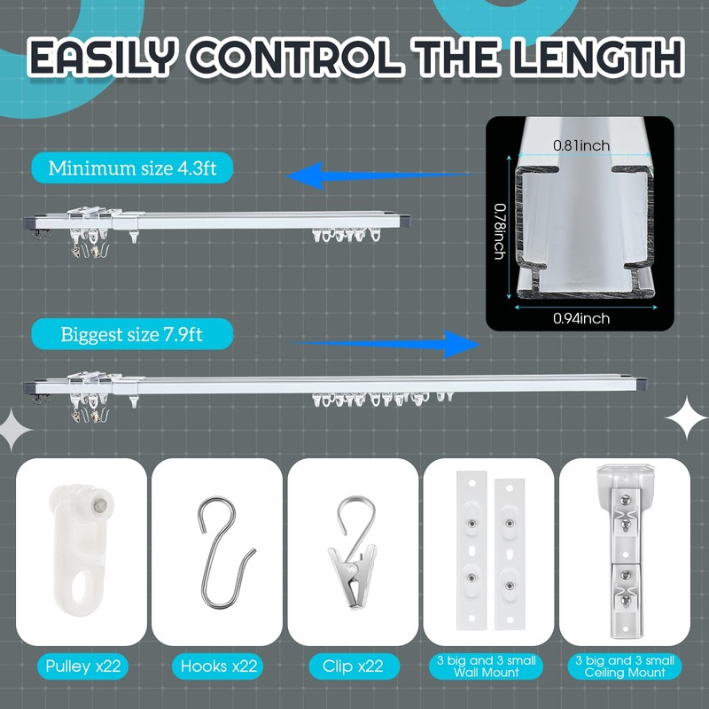 Juexica Retractable Ceiling or Wall Mount Curtain Track 4.3-7.9ft /