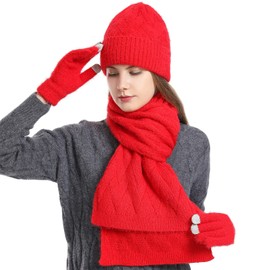 ecodudo Women Winter Beanie Hat Scarf Set Touch Screen Gloves Set with Pom for Women (Red)