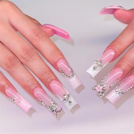 QQPPOLIU Pink Press on Nails Long Coffin with White French Tip Designs Rhinestones Nails (Pink & White)