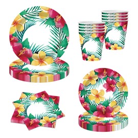 WODJR 80Pcs Tropical Luau Party Supplies Aloha Hawaiian Party Decorations Tropical Dinnerware Hawaiian Tableware Hawaii Plates Napkins Cups Palm Leaf Disposable Tableware for Summer Beach Decorations