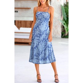 BTFBM Women's Sexy Spaghetti Strap Cowl Neck Party Club Bodycon Midi Dress Elegant Cocktail Dress Summer Floral Dress(Light Blue,Small)