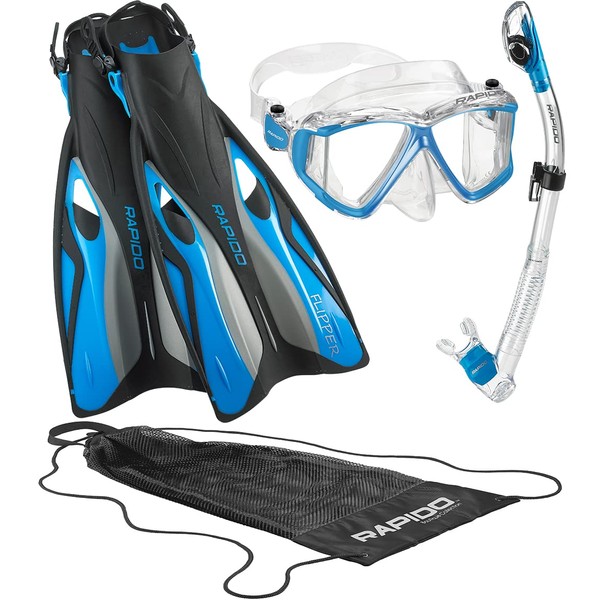 Italian Design Panto-180 Premium Tempered Glass Lens Anti-Fog Panoramic Side-View Snorkel Mask, Superior Dry Snorkel Tube, Quick Adjust Fins, Snorkeling Gear for Adults Snorkel Set