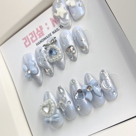 Metallic Blue Beam Handmade Nail Tips - Stiletto / 메탈릭 블루빔 수제네일팁 - 스텔레토