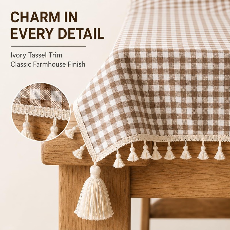 Coffee Gingham Tablecloth, Linen Farmhouse Tablecloth with Tassel, 60x84 In