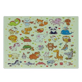 Lunarable Animal Cutting Board, Cartoon Panda Fox Chicken Birds Mouse Animals Room, Decorative Tempered Glass Cutting and Serving Board, Small Size, Multicolor