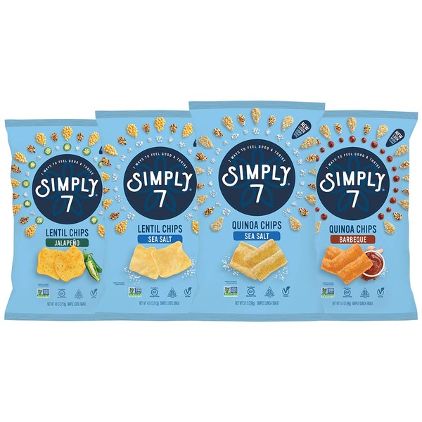 Simply 7, Chips de lente/quinoa, paquete variado, 3.5 onzas, 4 onzas, paquete de 4, sin OMG, sin nueces, vegetariano, bajo en grasa, bajo en calorías, sin colesterol