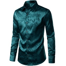 ZEROYAA Men's Shiny Satin Rose Floral Jacquard Long Sleeve Button Up Dress Shirts for Party Prom ZLCL26-Teal Small