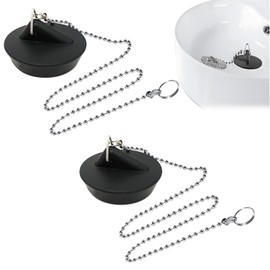 Sink Plug Rubber (Pack of 2), Universal Sink Plug with Stainless Steel Ball Chain, for Kitchen Sink, Bathroom Drain Stopper Plug, Black