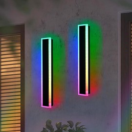 VINLUZ 2 Pack Outdoor RGB Long Wall Lights,Smart 24inch RGB/Warm/White Dimmable Modern Led Wall Mounted Lighting Ip65 Waterproof Long Wall Sconce with Remote Control for Party Gathering