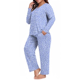 Anydeer Women Pajama Sets Long Sleeve Loungewear Fall 2 Piece Sleepwear Top Pjs Pants With Pockets, XL, Long Spotted Blue
