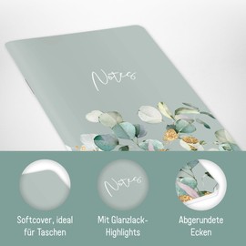 paper&you® Notebook A6+ Lined "Minty Leaves" with 64 Pages, Soft Cover Notebook Small, Mini Journal Lined - Sustainable and Climate Friendly