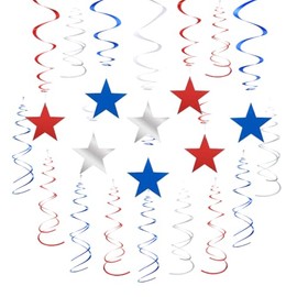 Silver Blue and Red Star Swirl Hanging Decoration for 4th July Independence Day Graduation Retirement Patriotic Theme Party Supplies,Pack of 21