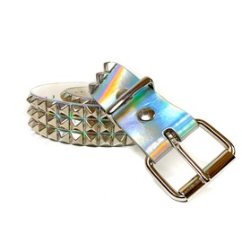 Silver Rainbow Holographic Three Row Black Pyramid Stud Rave Studded Belt Vegan Punk Goth (M)