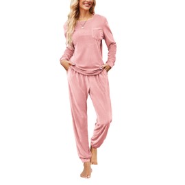 Ekouaer Womens Pajamas Sets Long Sleeve Soft Sleepwear 2 Piece Velvet Pjs Lounge Sets with Pockets Hot Pink