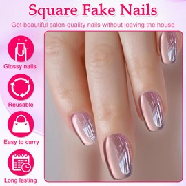 Ceboic 24Pcs Press on Nails Kurz Eckig, Lila Katzenauge Nägel zum Aufkleben Glitzer Falsche Nägel, Full Cover Kunstnägel Square Acryl Fingernägel zum Aufkleben, French Fake Nails für Frauen