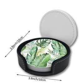 Green Tropical Palm and Fern Leaves Leather Drinks Coasters with Holder Set of 6, Suitable for Kinds of Cups