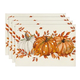Artoid Mode Polka Dot Pumpkins Leaves Autumn Placemats Set of 4, 30 x 45cm Fall Table Mats for Party Kitchen Dining Decoration
