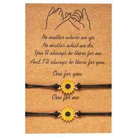Fashion Sunflower Bracelet, 2 Pieces Love Friendship Bracelet Summer Adjustable Bracelets Sunflower Bracelet with Message Card for Women Girls Black Rope, Metal