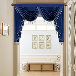 Leeva Royal Blue Velvet Valance Curtains for Windows, Vintage Waterfall Swag with Luxury Tassels, Rod Pocket Window Drapes for French Doors, 39"x43", European Home Decor