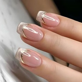 24 Pcs Short Square Press On Nails Ombre Pink Glitter Cat Eye French Fake Nails with Glossy Design Full Cover Acrylic Nail Kit Summer False Nails & Nail Art Tips for Women and Girls