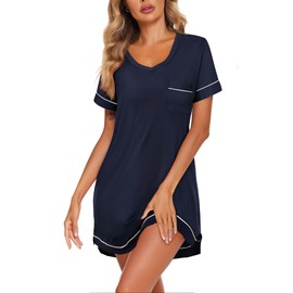 Ekouaer Womens Nightgowns for Women Short Sleeves V Neck Sleepwear Plus Size Sleep Shirt Short Nightshirt Navy Blue, X-Large