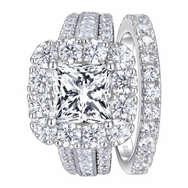 SHELOVES 925 Sterling Silver Bridal Ring Sets for Women Princess Cubic Zirconia Engagement Wedding Rings Set Fake Diamond Sz J 1/2