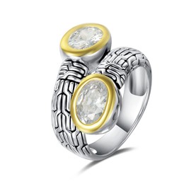 UNY JEWEL Jewelry Ring Multi Strand Foxtail Chain Woven Pattern Inlay 6 by 8 Oval CZ Vintage Antique Two Tone Elegant Designer Inspired Ring (Size 7 Clear)