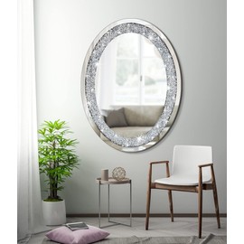 DMDFIRST Crystal Crushed Diamond Oval Shaped Silver Mirror Glam Bling for Wall Decoration 24x32x0.9inch Frameless Wall Hang Sparkly Glass Mirror Stunning Stylish Fashion Home Decor Decorative Mirror