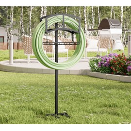 Kingson Portable Garden Hose Holder with Storage Basket - Heavy-Duty Black Steel Construction, Holds 150FT Hose, Freestanding & Detachable Design with Tools for Easy Assembly
