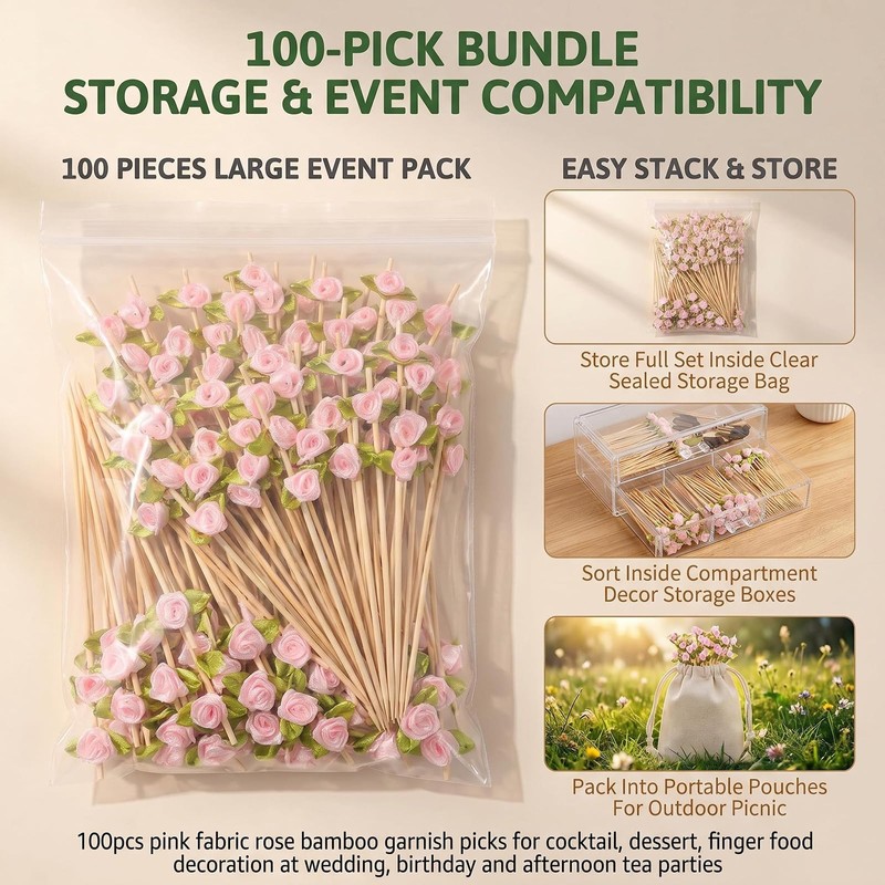 100 Pcs Pink Rose Cocktail Picks, Bamboo Decorative Toothpicks