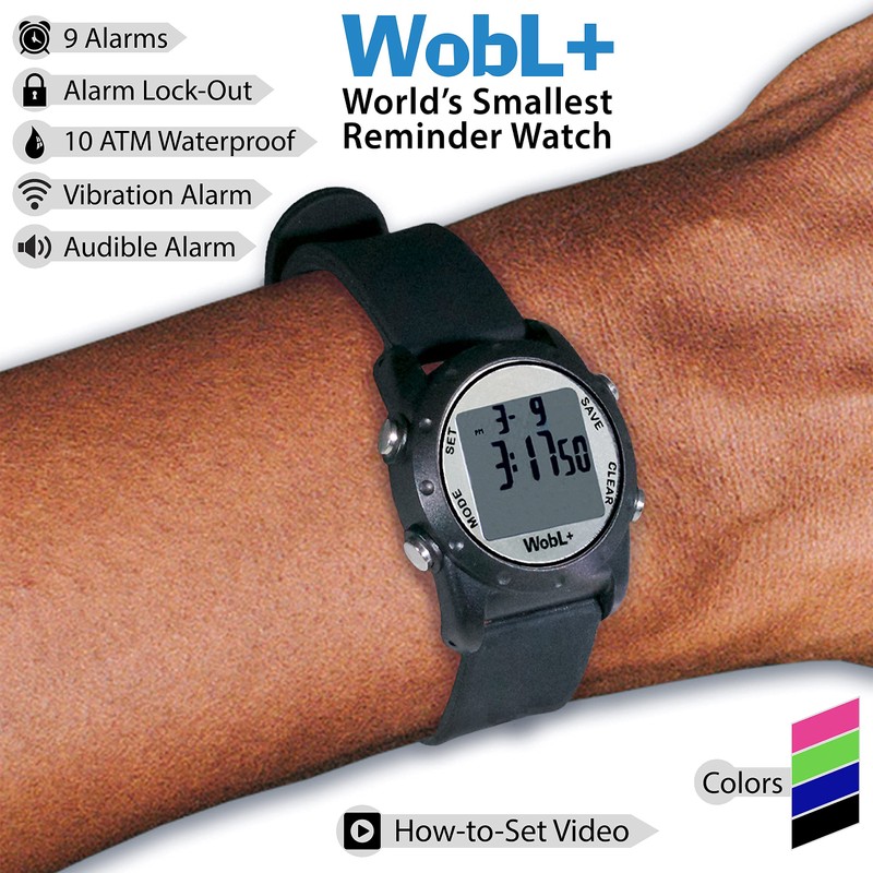 WobL+ Waterproof Vibrating Watch (BLACK), Potty Reminder, Pill Reminder