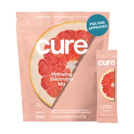 Cure Hydration Cure Hydrating Plant Based Electrolyte Mix | Powder for Dehydration Relief | Made with Coconut Water | No Added Sugar | FSA & HSA | Vegan | Paleo Friendly | Pouch of 14 Packets - Grapefruit