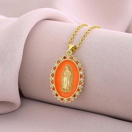 LuvQaze 18k Gold Plated Virgin Mary Necklace for Women Zirconia Virgin Mary Pendant Necklace Birthday Holiday Gift for Wife Girlfriend Mother, Small, Copper, No Gemstone
