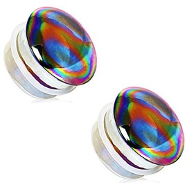 Pierced Owl Glass Aurora Rainbow Single Flare Plug Gauges with Clear Silicone O-Ring, Sold as a Pair (19mm (3/4"))