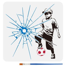 FINGERINSPIRE Boy Stencil with a Paint Brush 11.8x11.8Inch Reusable Boy Playing Soccer Stencil PET Breaking Window Decoration Template Banksy Theme Template for Painting on Wood Wall Floor Furniture