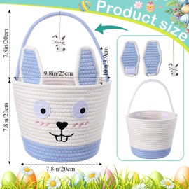 Zopeal 2 Pcs Blue Easter Baskets Woven Rope Bunny Gifts Basket with Ears Large Empty Egg Storage Basket for Easter Party, 9.8 x 7.8 x 7.8 Inch