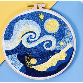 Meecaa Starry Night Landscape Embroidery Kit Starter Set, Hand Embroidery Set,Pattern Printed Cross Stitch Set for Beginner Adults, with Embroidery Hoop and Instructions (Starry Sky)