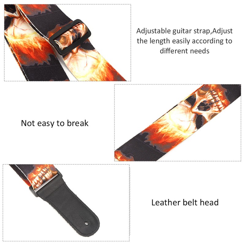 Leather Shoulder Strap Guitar Parts Flame‑Skull‑Pattern Print‑Type Adjustable Length