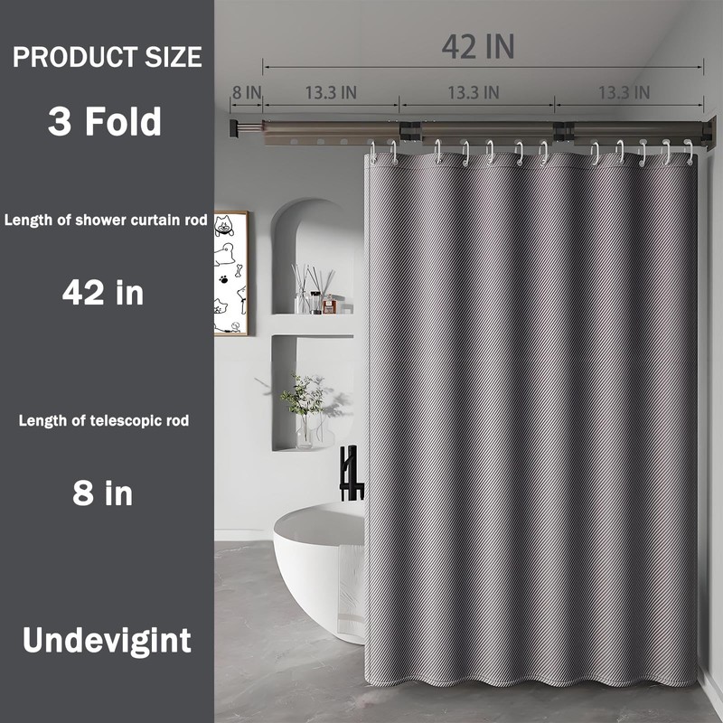 Wall Mount Folding Shower Curtain Rod, 42 Inches (3-Fold), Adjustable