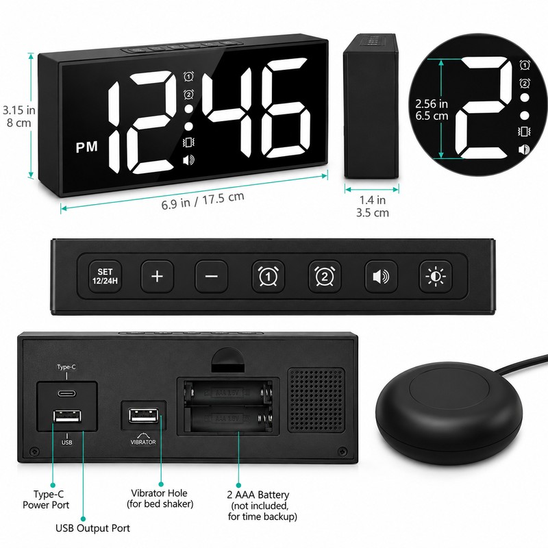 Vibrating Alarm Clock for Heavy Sleepers – Large LED Display