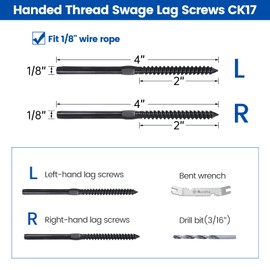Muzata 60 Pack 1/8" Black Swage Lag Screws Left and Right Cable Railing Kit Hardware Handed Thread for Wood Post T316 Stainless Steel Stair WoodBudget Cable Railing System 30 Pairs CK17