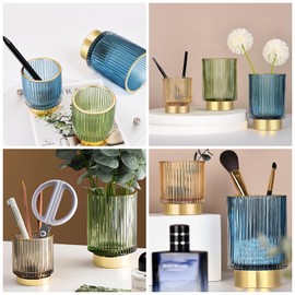 DASITON Makeup Brush holder Organizer,Crystal Cosmetic Makeup Brush Glass Brushes Storage Holder, Vintage Make Up Brush Cup Pen Pencil Holder striped vase(Blue S+L)