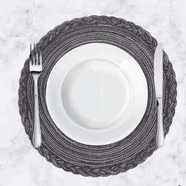 Xmkuwa Placemats, Round Braided Placemats for Dining Table Diameter 15 inch, Woven Heat Resistant Anti-Slid Cotton Washable Kitchen Table Mats (Gray & Black，Set of 4)