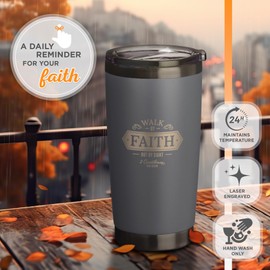 Christian Art Gifts Stainless Steel Double Wall Vacuum Insulated Travel Mug 18 oz Gray Bible Verse Tumbler with Retractable Lid for Men & Women - Walk by Faith - 2 Corinthian 5:7