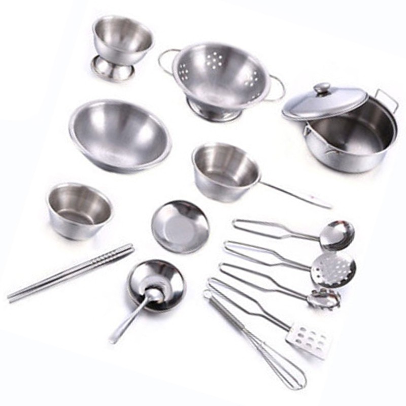 16PCS Pots and Pans Kitchen Toy Stainless Steel Pretend Play