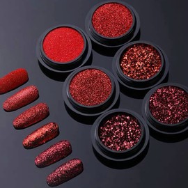 Nail Art Glitter Sequins 6 Boxes Red Crystal Diamond Nail Powder 3D Holographic Nail Art Powder Shiny Flakes Acrylic Nail Glitters Set for Valentine's Day Nail Decoration Manicure Tips Charms