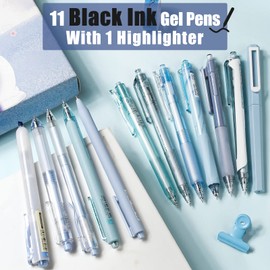 Four Candies Pack of 12 Gel Pens, 11 Gel Pens Black + 1 Pastel Highlighter, Pens Aesthetic Gel Pens Set - Accessories for School & Office (Blue Barrel)